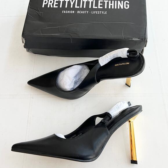 New PLT Black PU Point Tie Buckle Sling Back Heeled Sandals Womens SIZE 8 - Picture 2 of 11